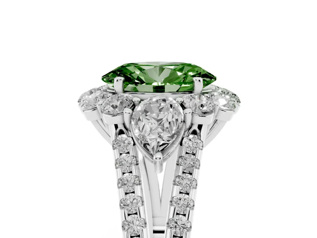 Fancy Green Oval Cut Halo Split Shank Diamond Engagement Ring with Prong Setting Platinum