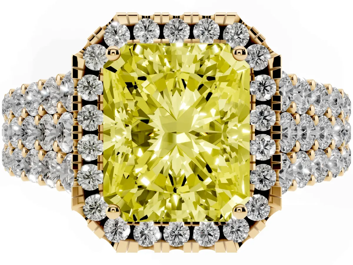 Fancy Yellow Radiant Cut Diamond Halo Engagement Ring with Triple Row Round Pavé Band and Prong Setting Yellow gold