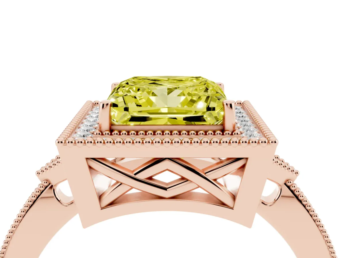 Fancy Yellow Princess Cut Halo Round Diamond Milgrain Pave Engagement Ring Rose gold