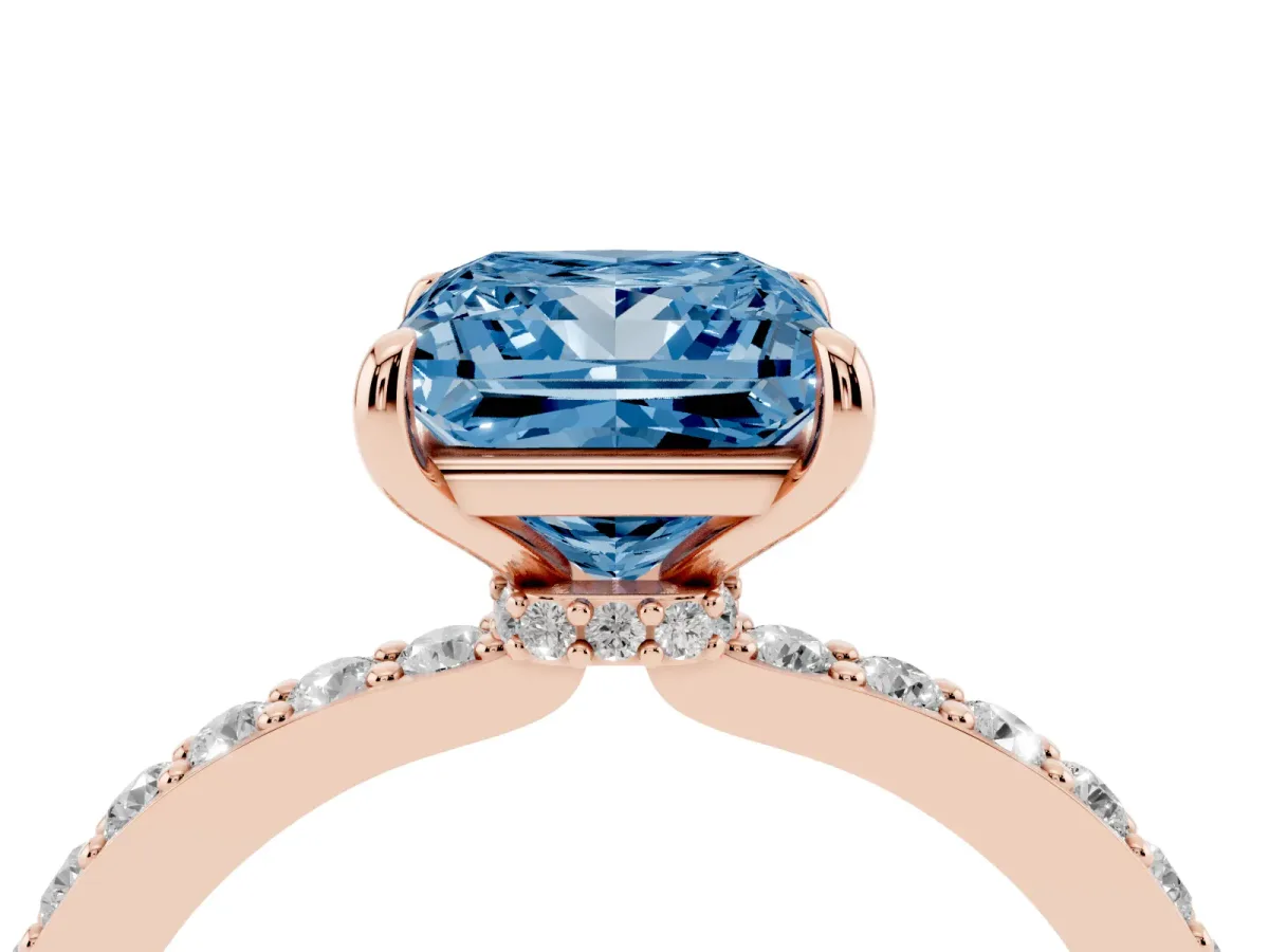 Fancy Blue Princess Cut Diamond Pavé Engagement Ring with Round Accents and Prong Setting Rose gold