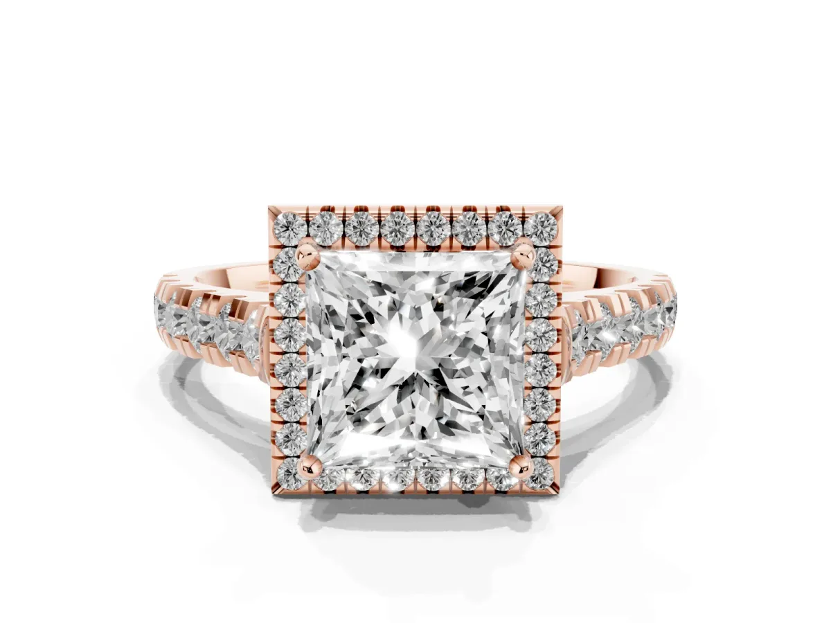 Princess Cut Halo Pavé Diamond Engagement Ring with Four-Prong Setting Rose gold