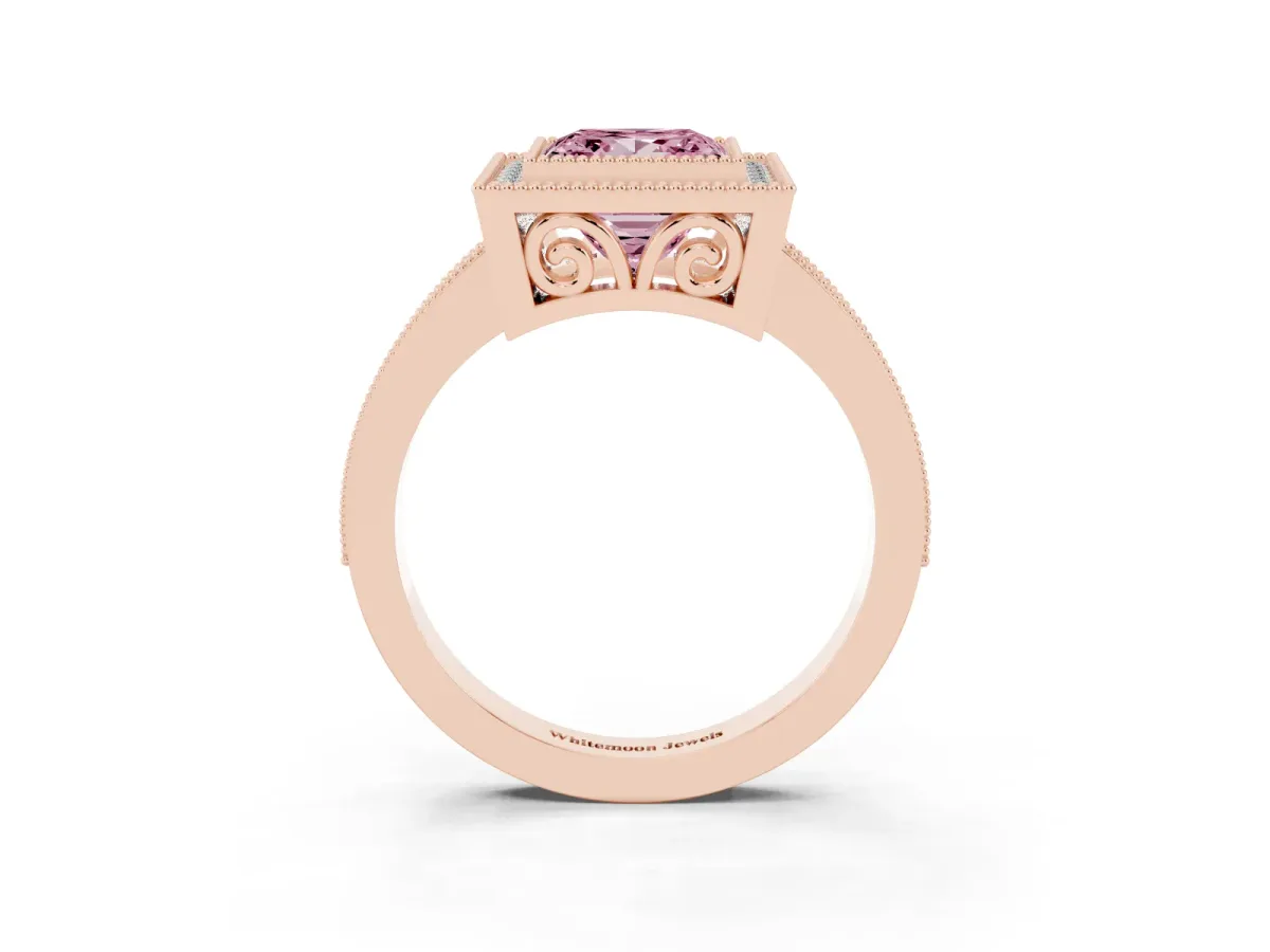 Fancy Pink Princess Cut Cut Halo Diamond Ring with Pavé Band and Milgrain Prong Setting Rose gold