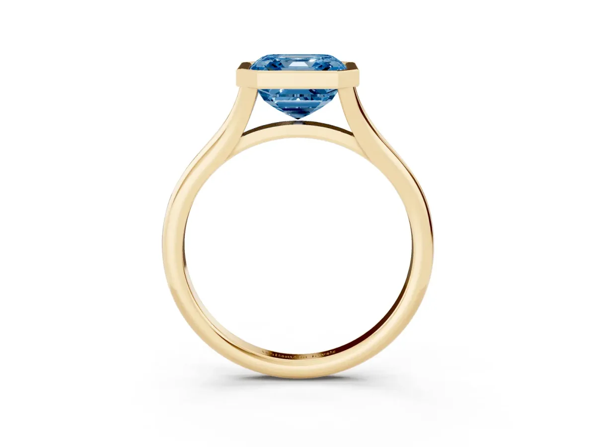 Fancy Blue Bezel Set Asscher Cut Cut Solitaire Ring with Tapered Band Yellow gold