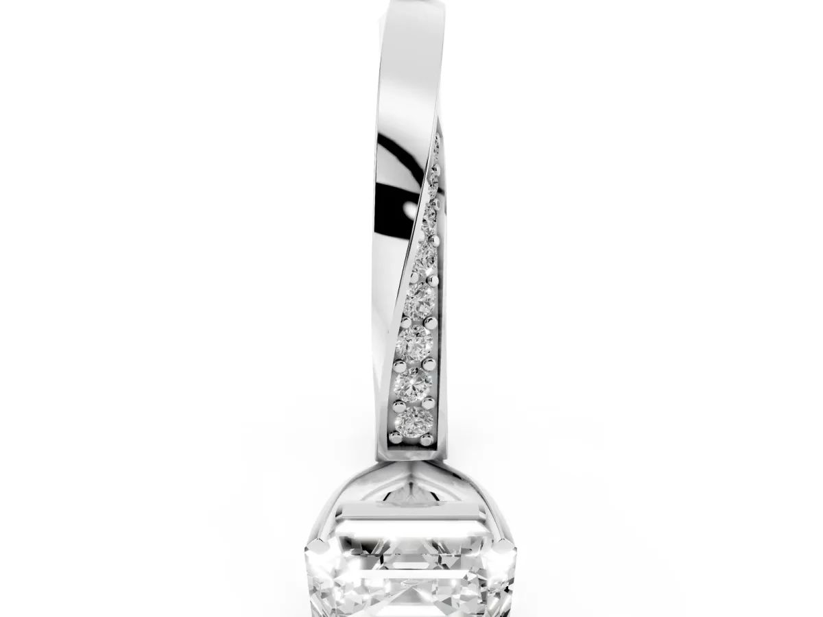 Asscher Cut Diamond Engagement Ring with Side Stone Accents and Four-Prong Setting Silver