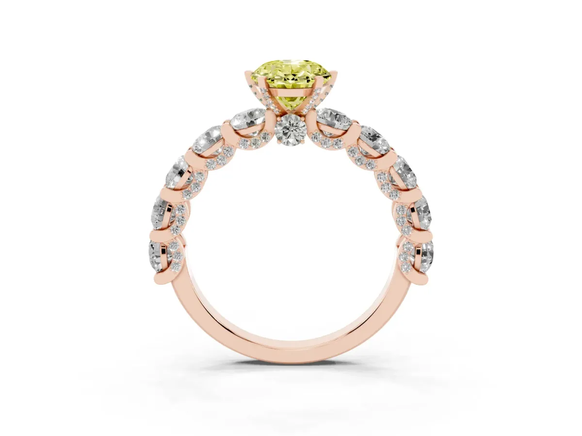 Fancy Yellow Oval Cut Diamond Side Stone Engagement Ring with Four-Prong Setting Rose gold