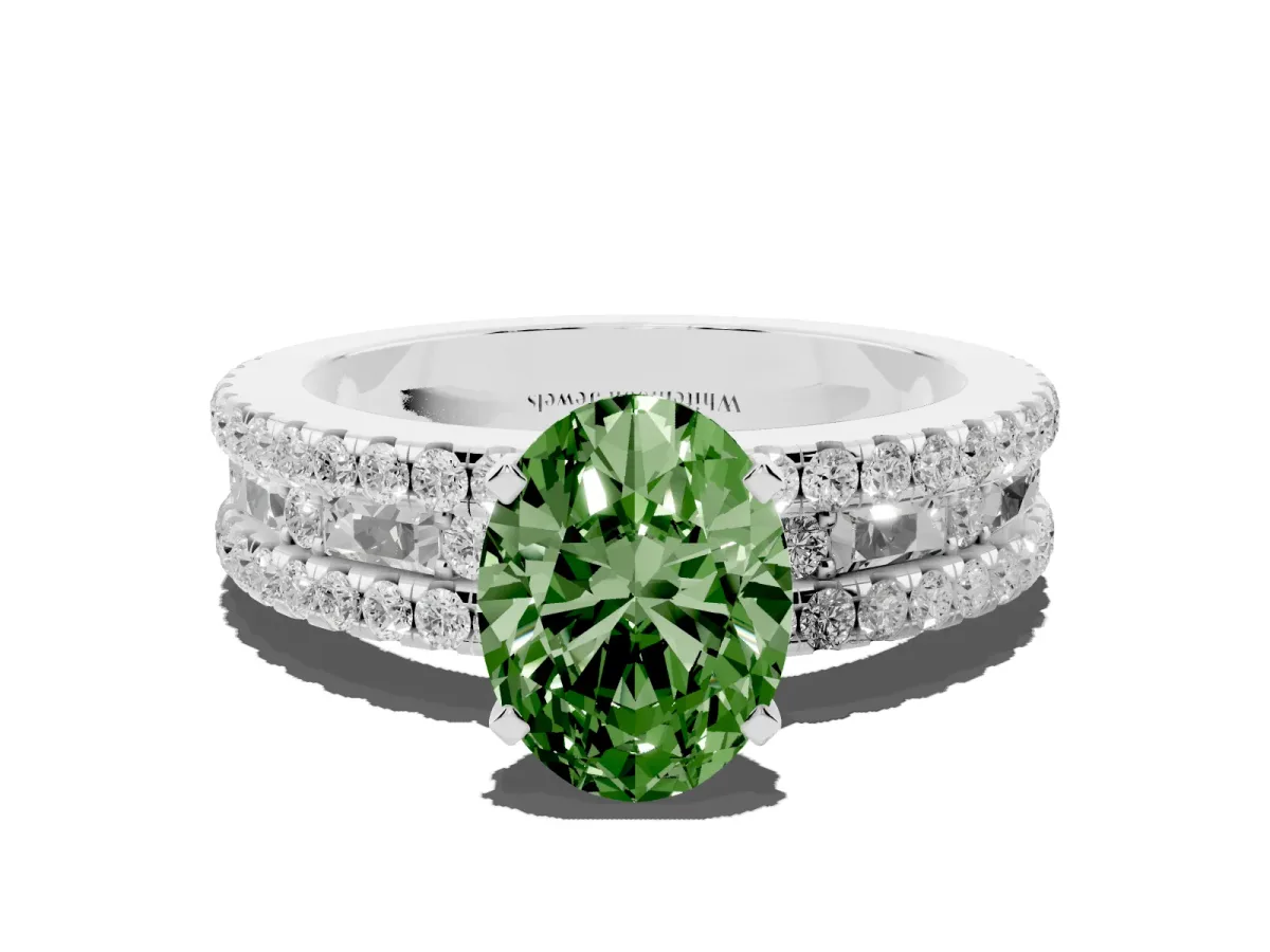 Fancy Green Oval Cut Diamond Solitaire Ring with Pavé and Channel Set Band Silver