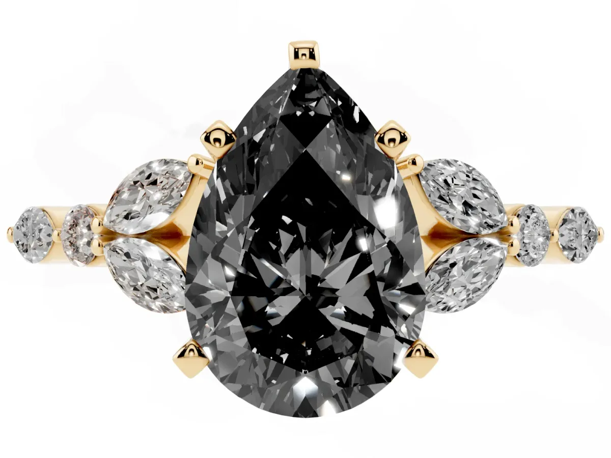 Fancy Black Pear Cut Diamond Solitaire Ring with Side Stones and Four-Prong Setting Yellow gold