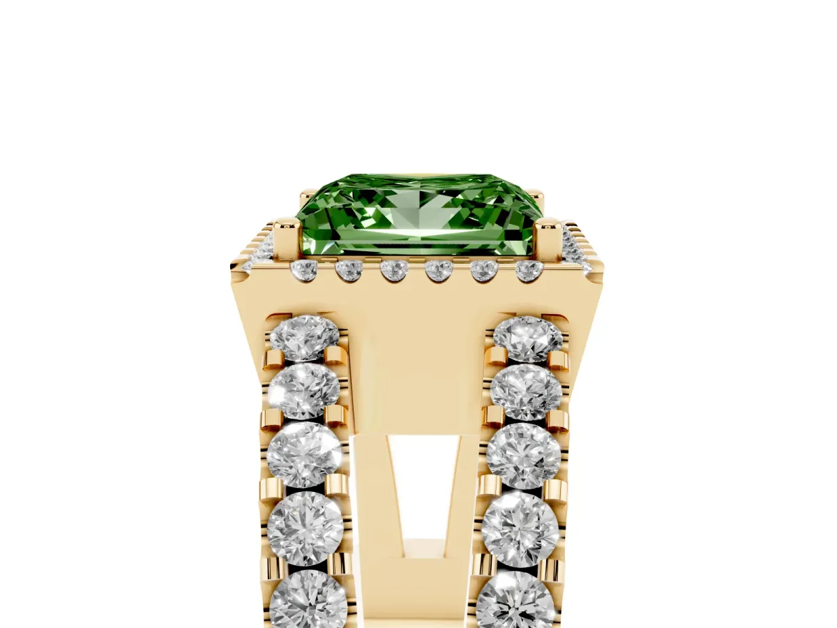 Fancy Green Princess Cut Cut Halo Split Shank Diamond Ring with Four-Prong Setting Yellow gold