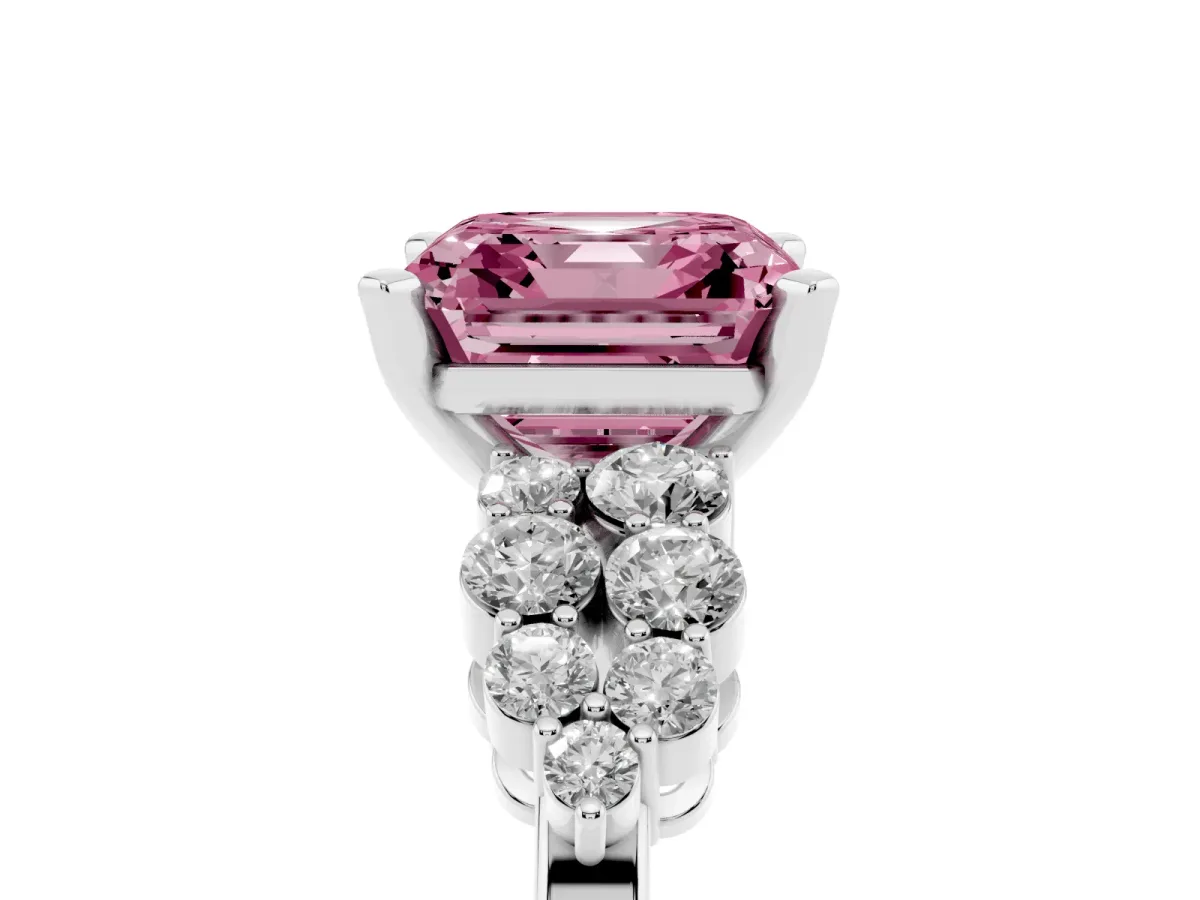 Fancy Pink Asscher Cut Cluster Diamond Engagement Ring with Pavé Band and Four-Prong Setting Silver