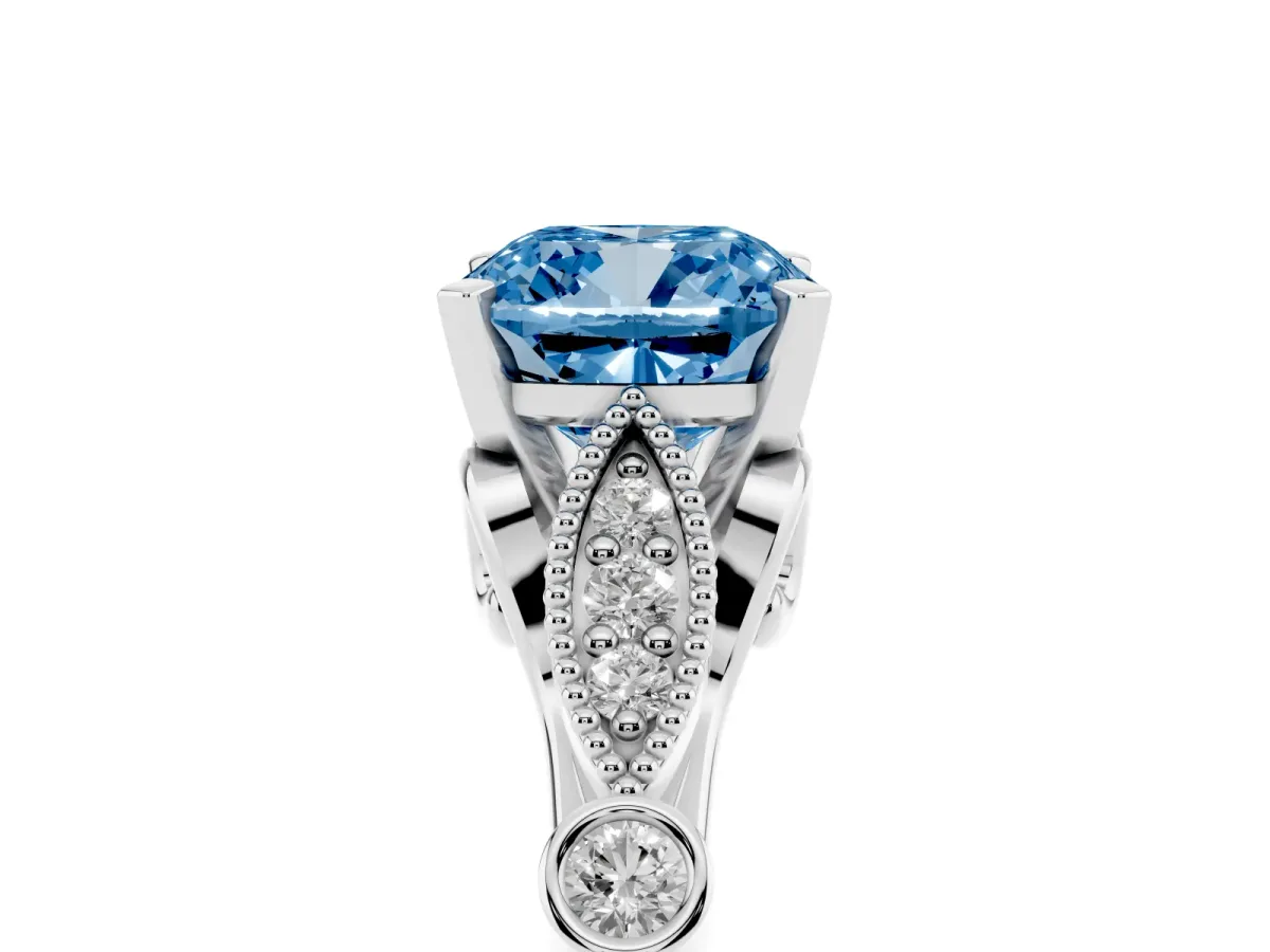 Fancy Blue Cushion Cut Cut Diamond with Milgrain Marquise and Bezel Accents on a Solitaire Band with Prong Setting White gold
