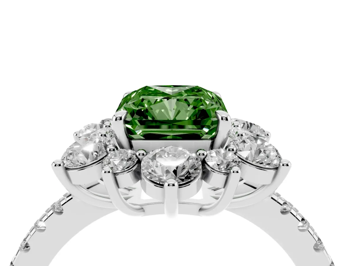 Fancy Green Radiant Cut Diamond Floral Halo Ring with Round Pavé Band and Prong Setting Silver