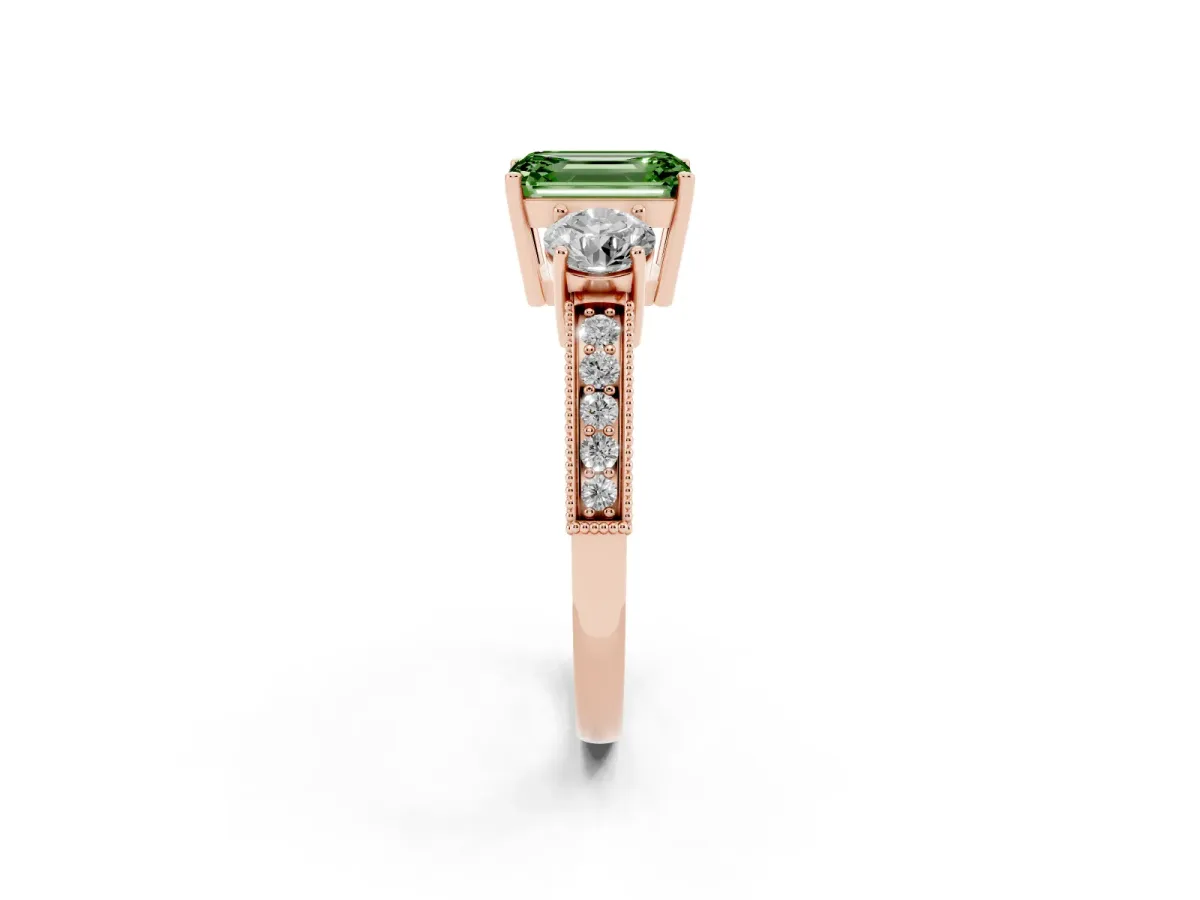 Fancy Green Emerald Cut Three-Stone Diamond Ring with Pavé Band and Four-Prong Setting Rose gold