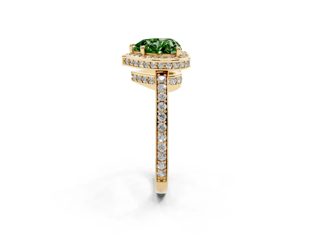Fancy Green Heart Cut Halo Pave Band Solitaire Ring with Prong Setting Yellow gold