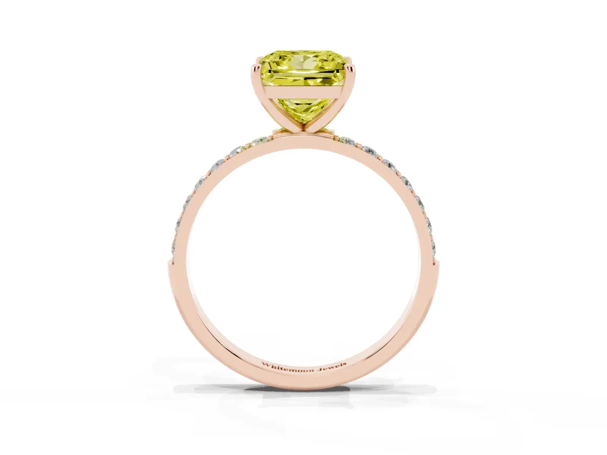 Fancy Yellow Princess Cut Diamond Solitaire Ring with Round Pavé Shoulders and Prong Setting Rose gold