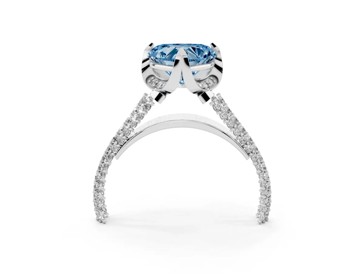 Fancy Blue Heart Cut Solitaire Pave Split Shank Ring with Four-Prong Setting White gold