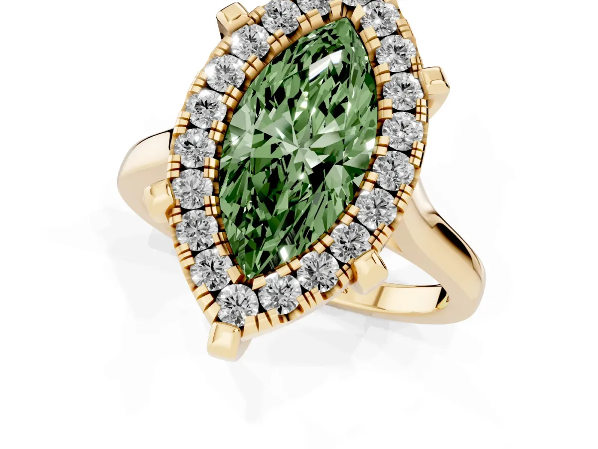 Fancy Green Marquise Cut Diamond Cluster Halo Solitaire with Four-Prong Setting Yellow gold