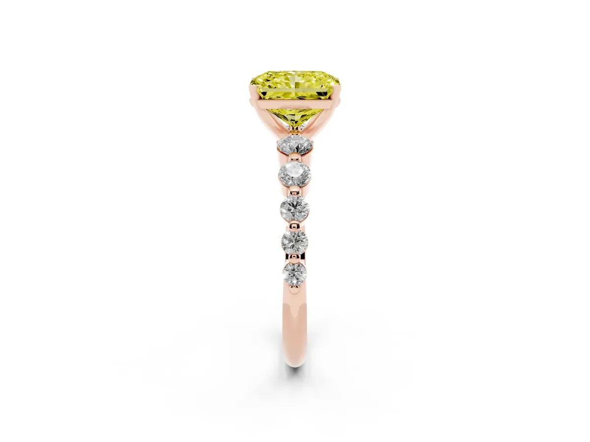 Fancy Yellow Radiant Cut Solitaire Diamond Ring with Pave Band and Four-Prong Setting Rose gold