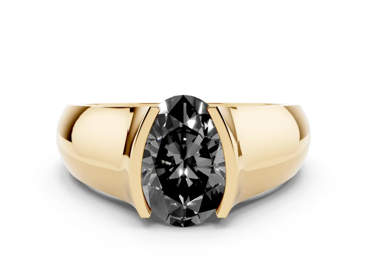 Fancy Black Oval Cut Solitaire Bezel Set Diamond Ring with Wide Band Yellow gold