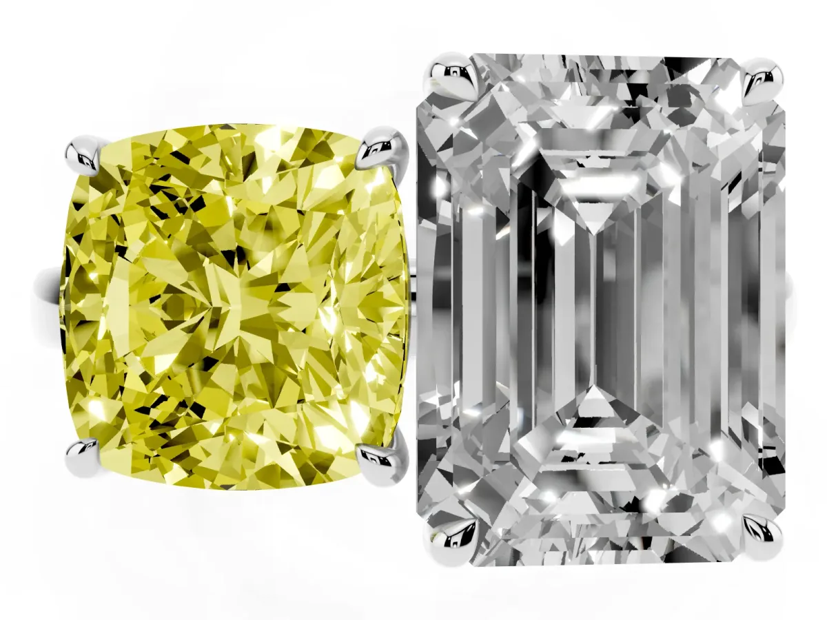 Fancy Yellow Cushion Cut and Emerald Cut Toi Moi Ring with Prong Setting Silver