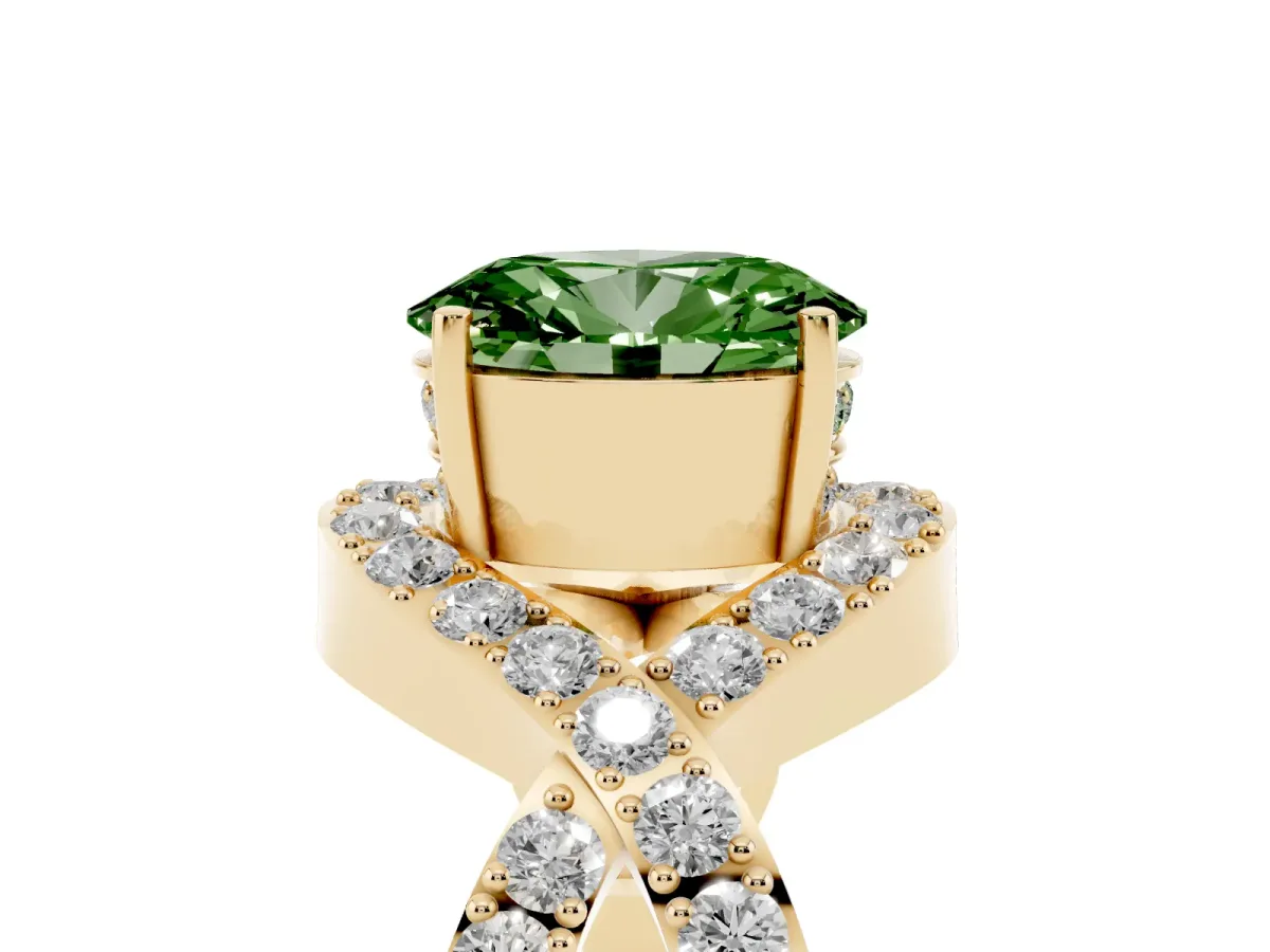 Fancy Green Oval Cut Solitaire Twist Band Pavé Diamond Engagement Ring Yellow gold
