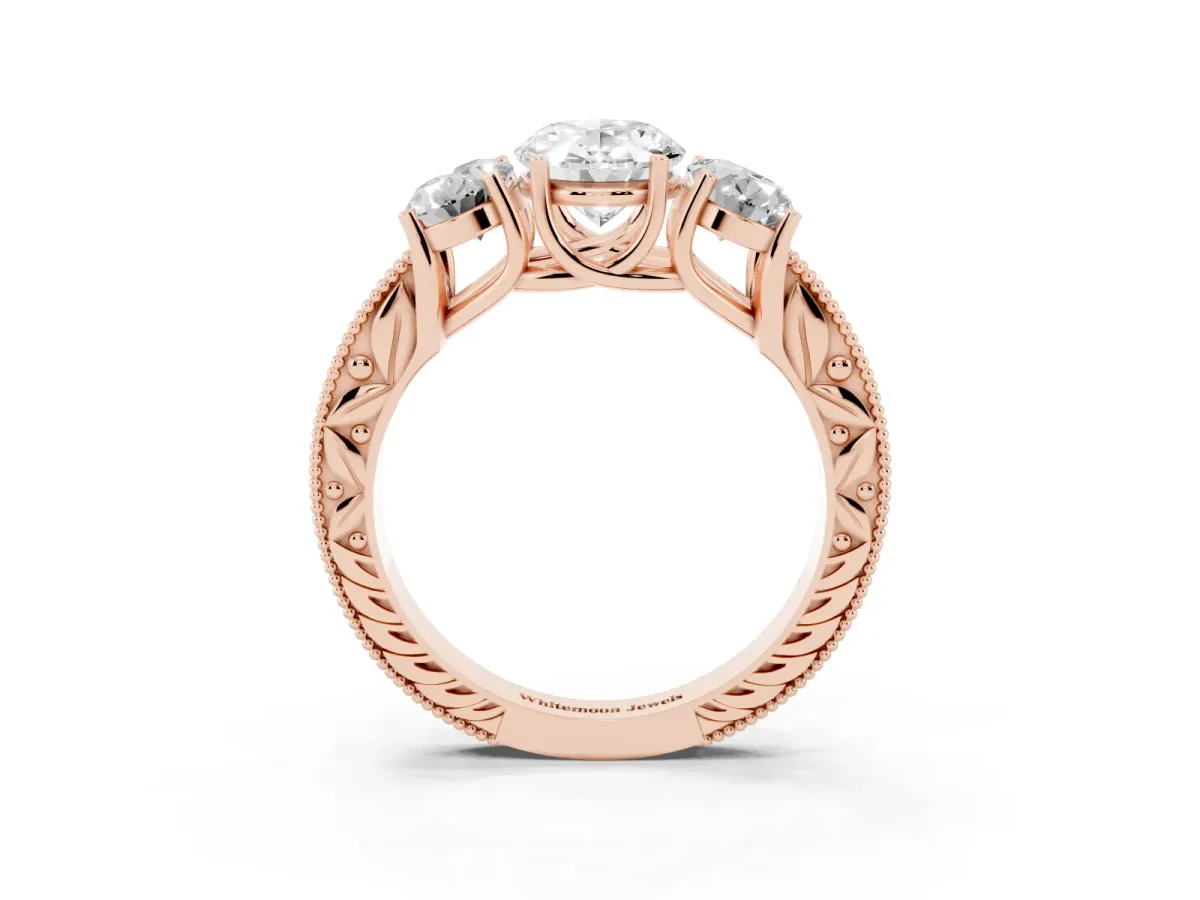 Three-Stone Oval Cut Cut Milgrain Pavé Engagement Ring Rose gold