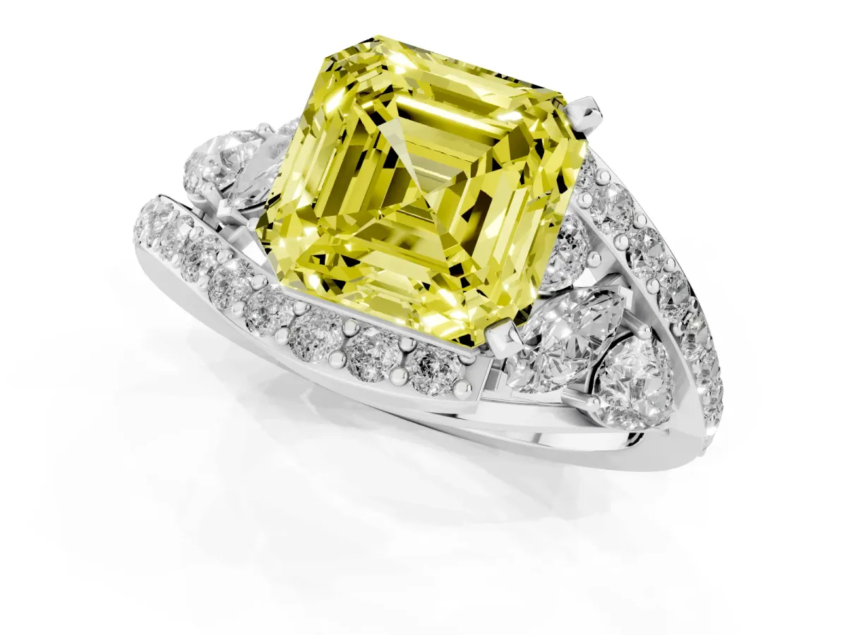 Fancy Yellow Asscher Cut Diamond Halo Ring with Marquise and Pavé Band in Prong Setting Platinum