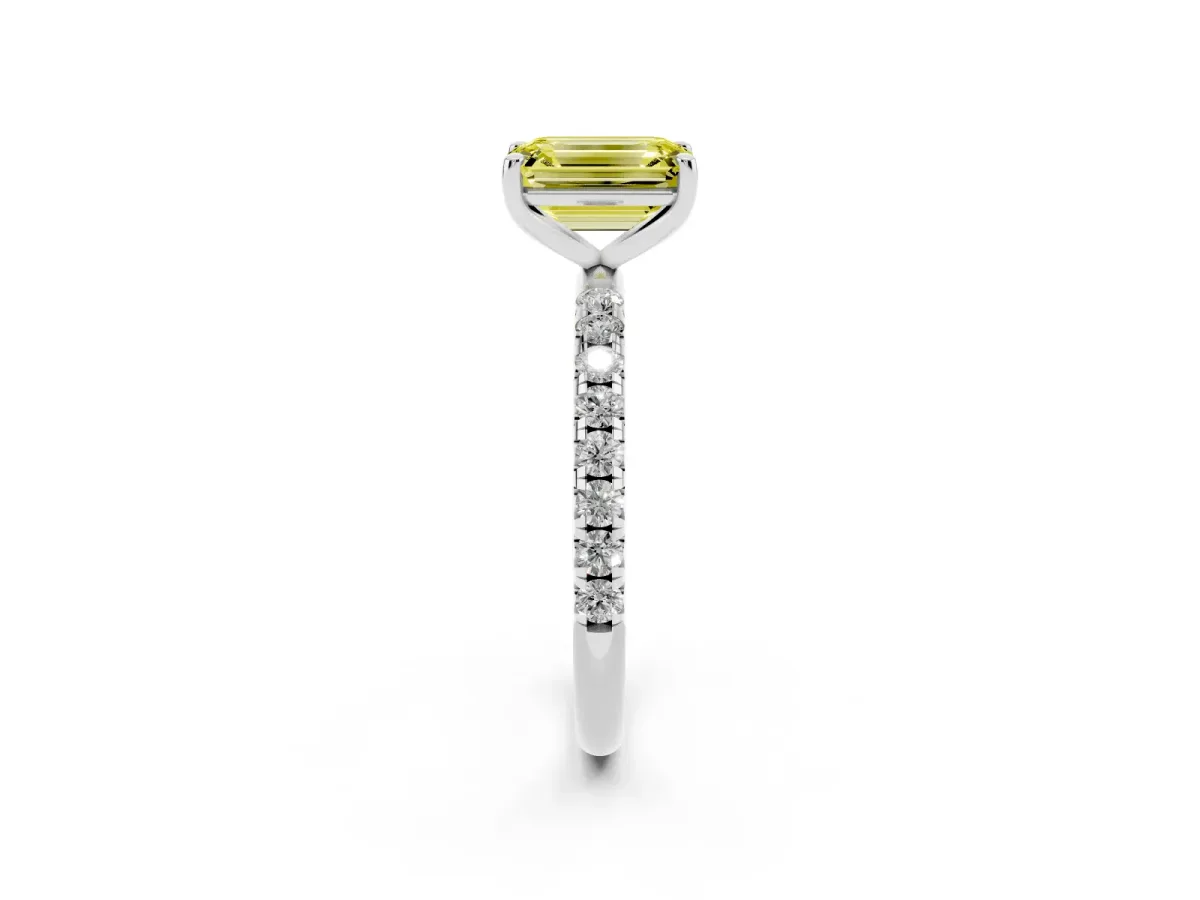 Fancy Yellow Emerald Cut Cut Diamond Solitaire Ring with Micro Pave Band and Four Prong Setting Silver