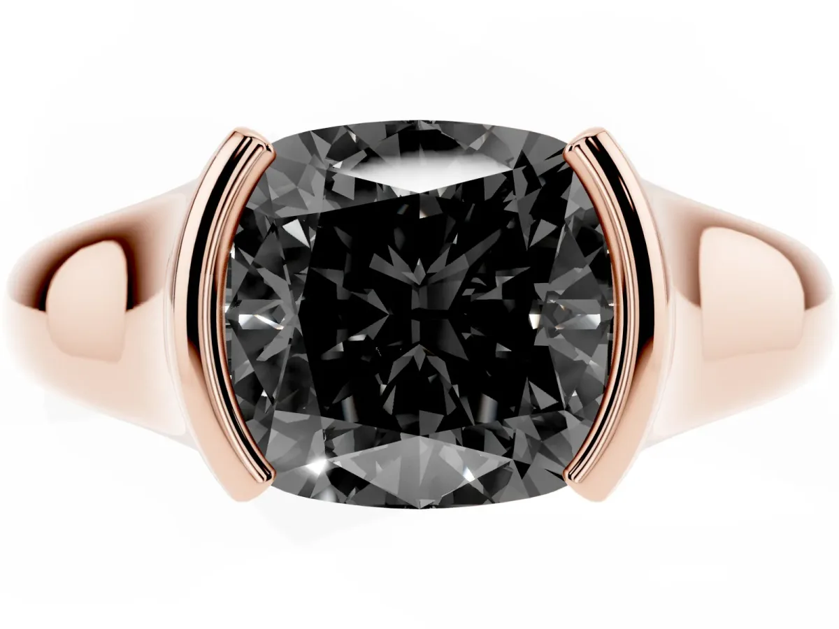 Fancy Black Cushion Cut Solitaire Tension Set Diamond Ring with Split Shank Band Rose gold