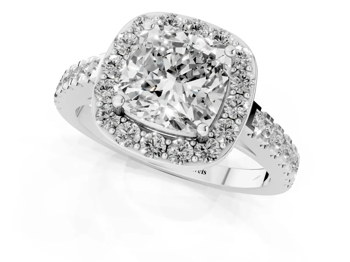 Cushion Cut Diamond Halo Ring with Round Pavé Split Shank and Prong Setting Silver