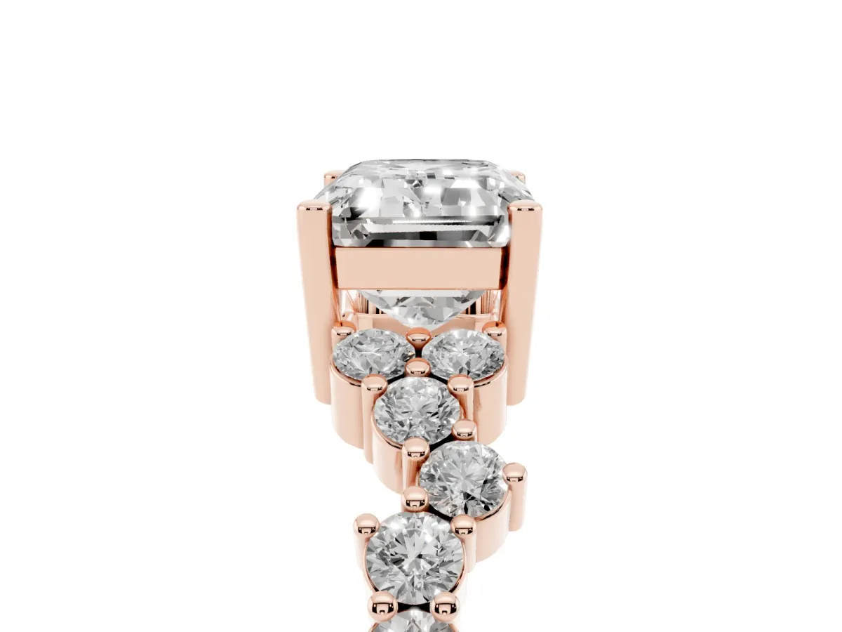 Emerald Cut Diamond Scattered Round Accent Ring with Prong Setting Rose gold