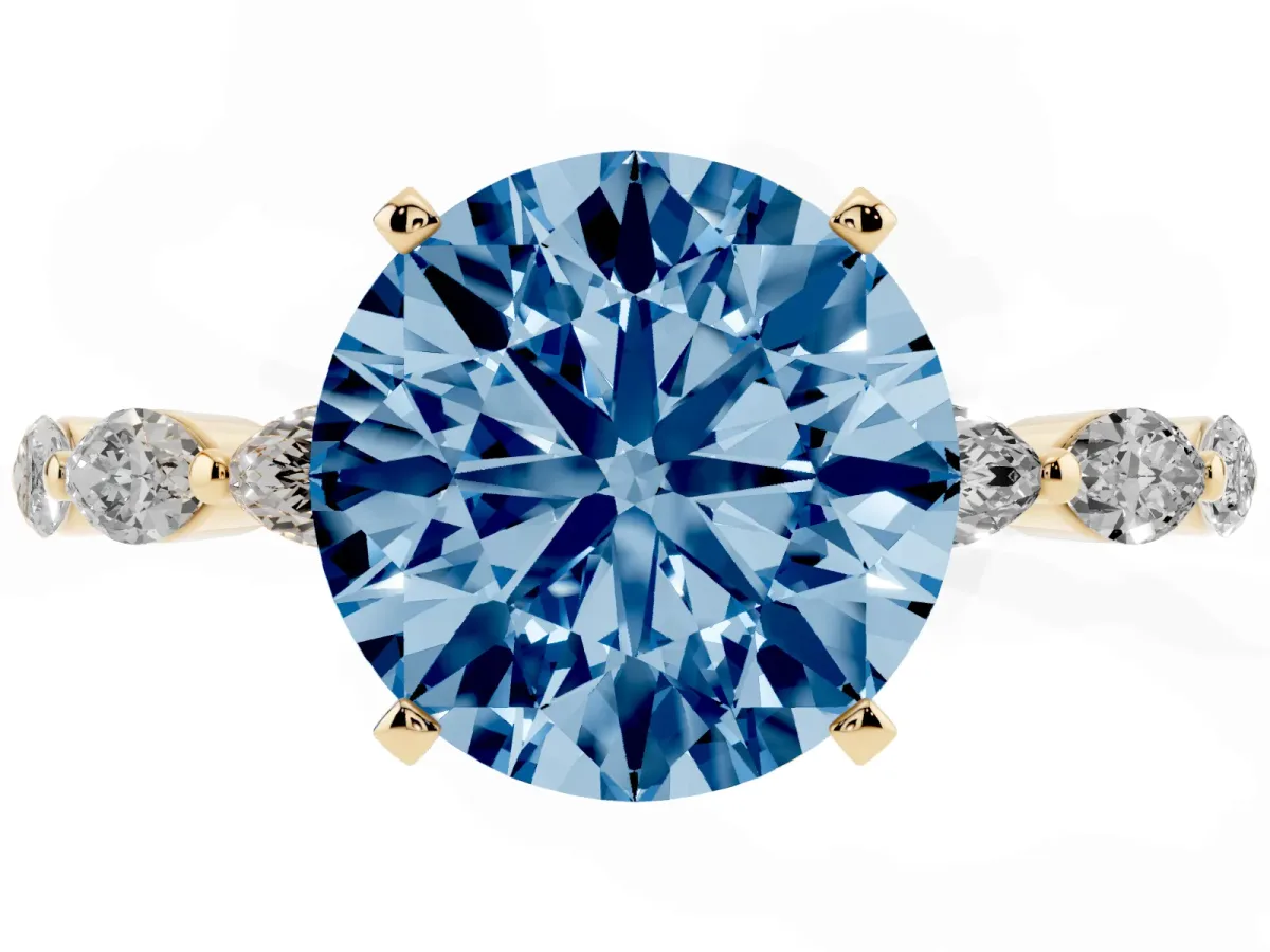 Fancy Blue Round Cut Diamond Ring with Marquise Side Stones and Prong Setting Yellow gold