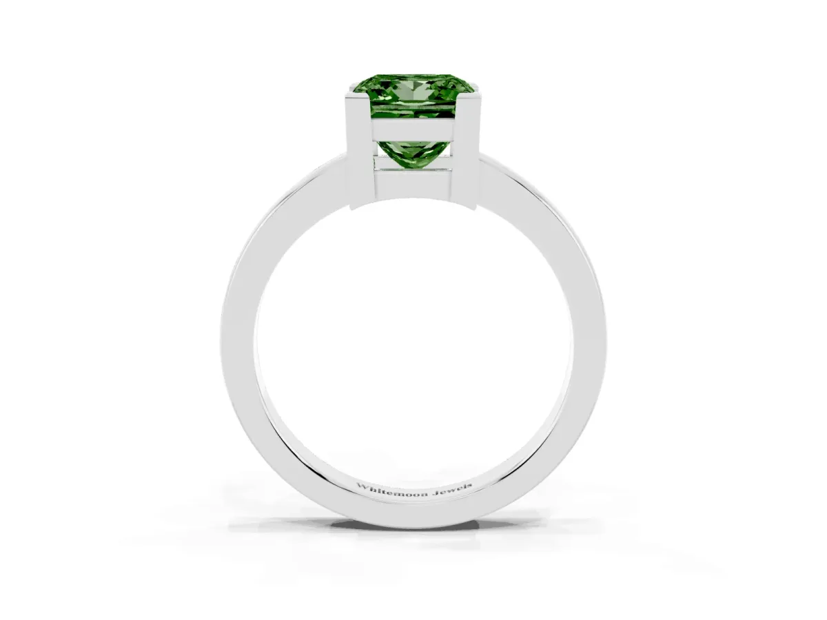 Fancy Green Princess Cut Cut Solitaire Ring with Four-Prong Setting and Classic Band Silver