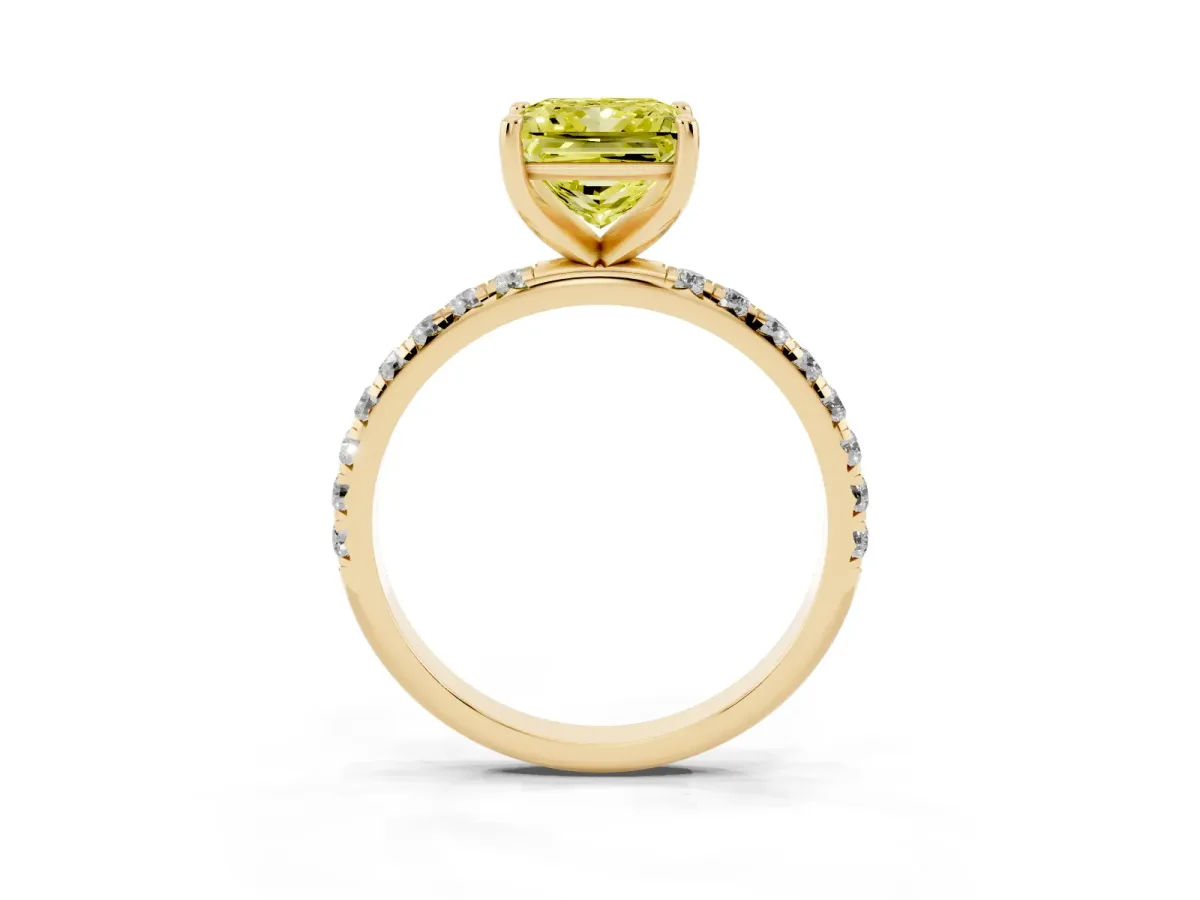 Fancy Yellow Princess Cut Cut Diamond Solitaire Ring with Micro Pave Band and Four Prong Setting Yellow gold