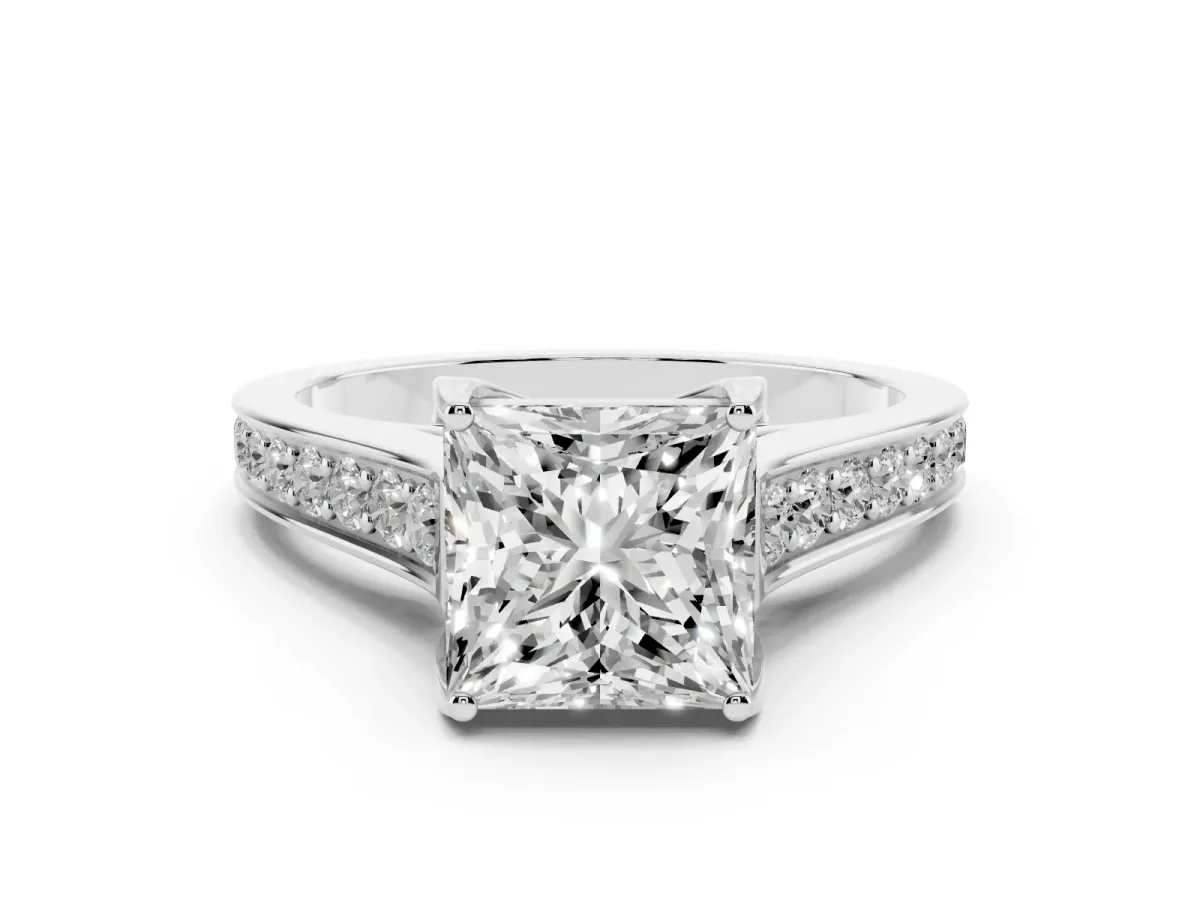 Princess Cut Brilliant Cut Diamond Engagement Ring with Pavé Band and Four-Prong Setting Platinum