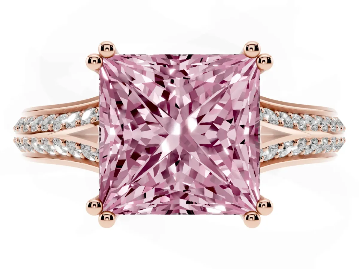Fancy Pink Princess Cut Diamond Split Shank Engagement Ring with Pavé Band Rose gold