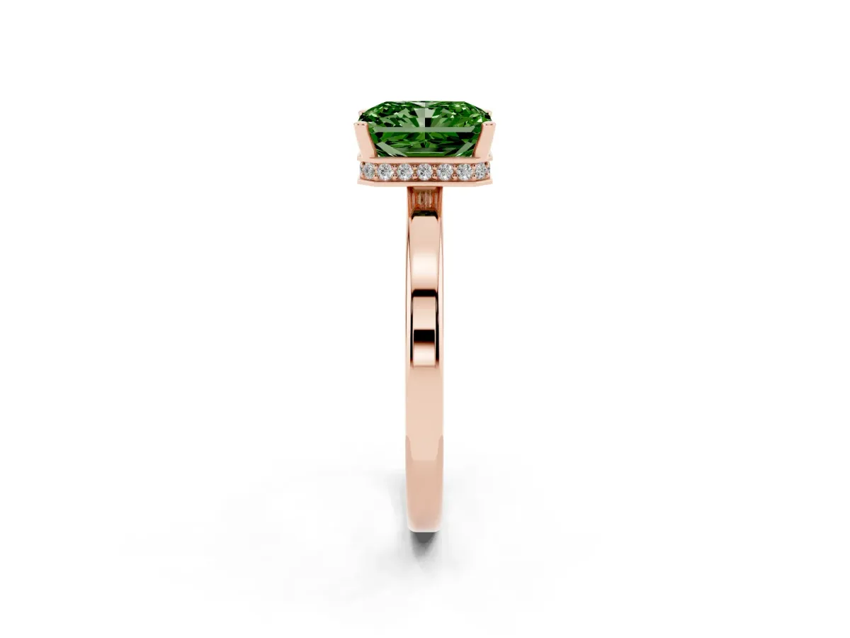 Fancy Green Radiant Cut Cut Solitaire Engagement Ring with Four-Prong Setting on a Classic Band Rose gold