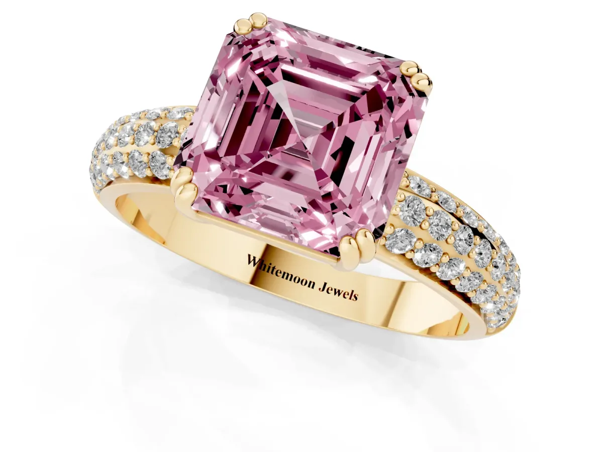 Fancy Pink Asscher Cut Diamond Solitaire Ring with Multi-Row Round Pavé Band and Prong Setting Yellow gold