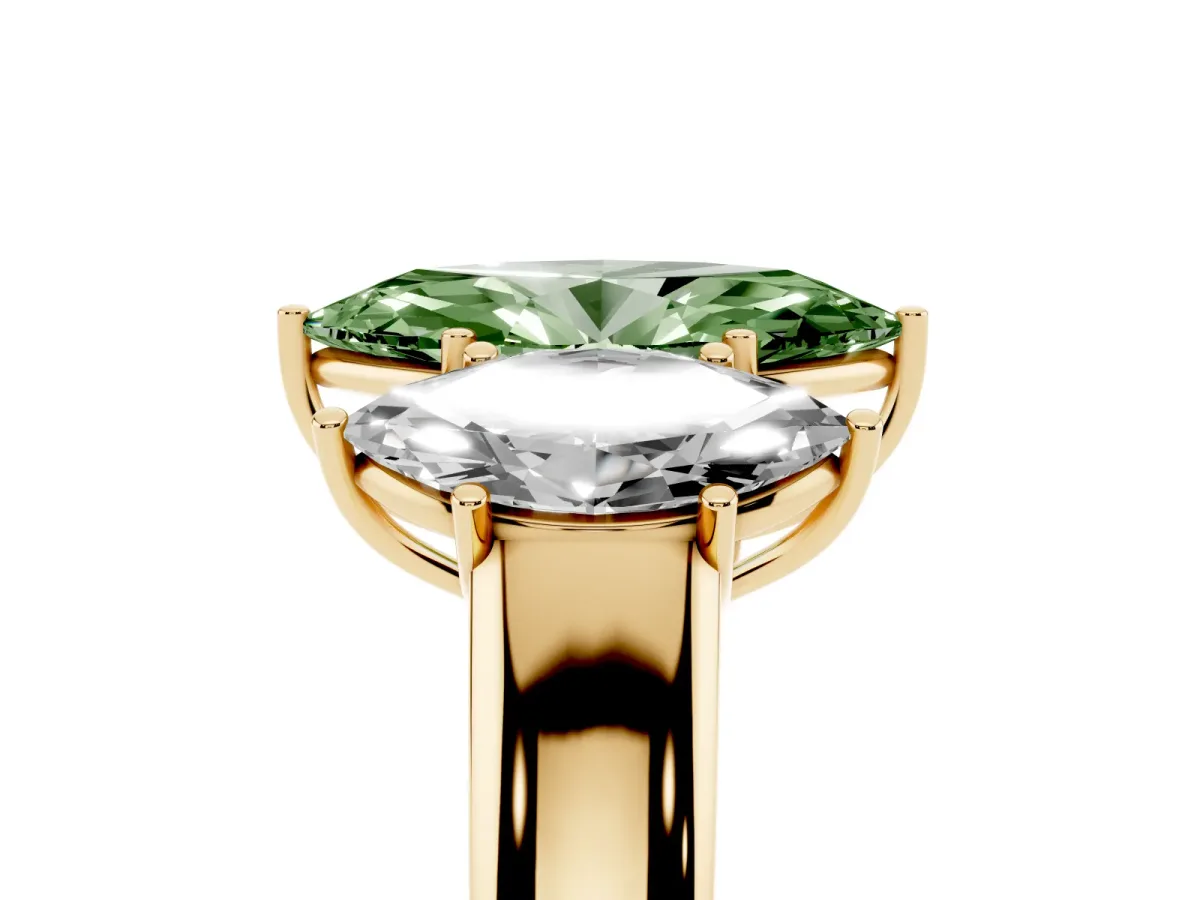 Fancy Green Three-Stone Marquise Cut Cut Diamond Ring with Prong Setting and Classic Band Yellow gold