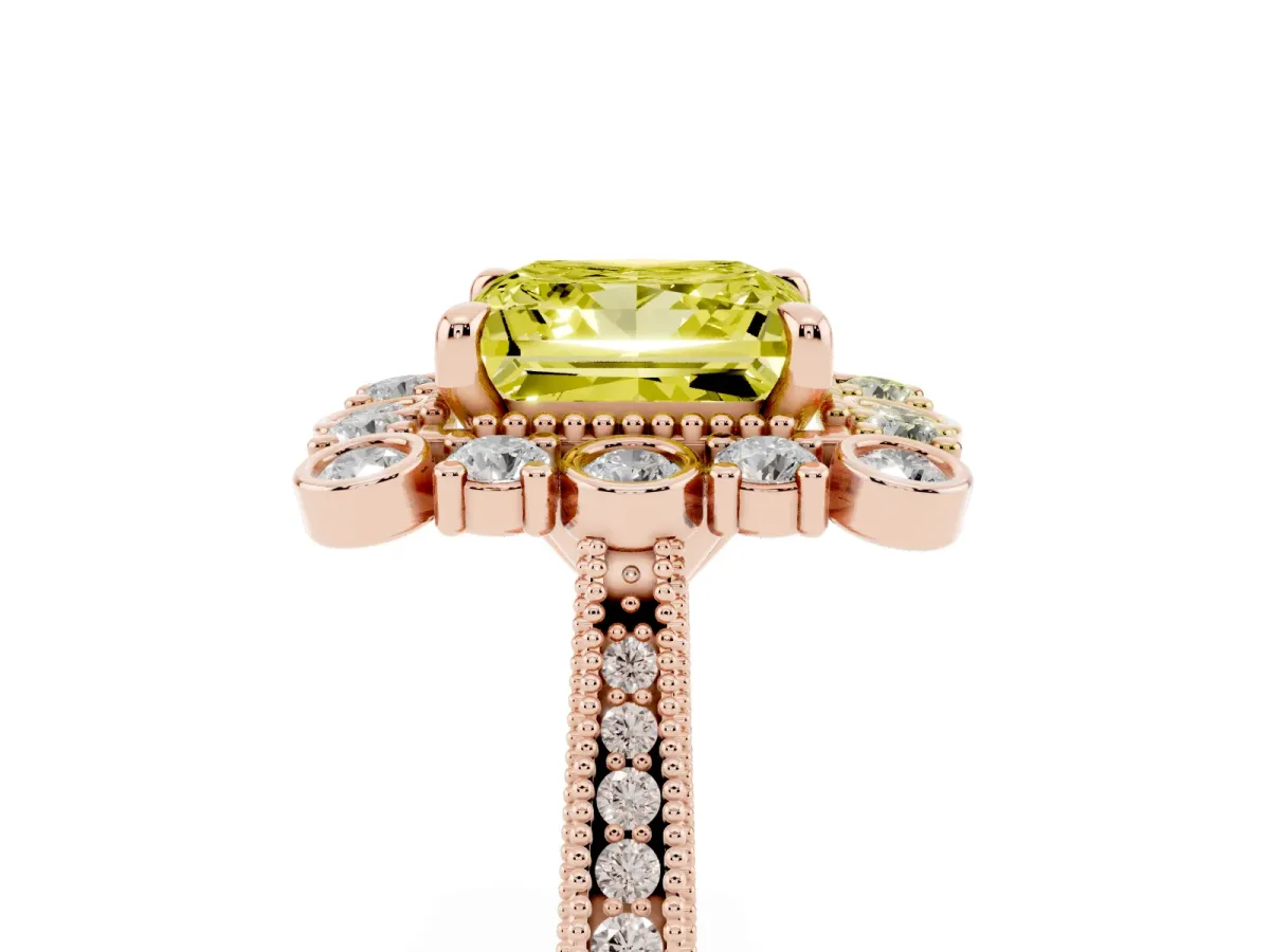 Fancy Yellow Princess Cut Halo Milgrain Pave Diamond Ring with Four-Prong Setting Rose gold