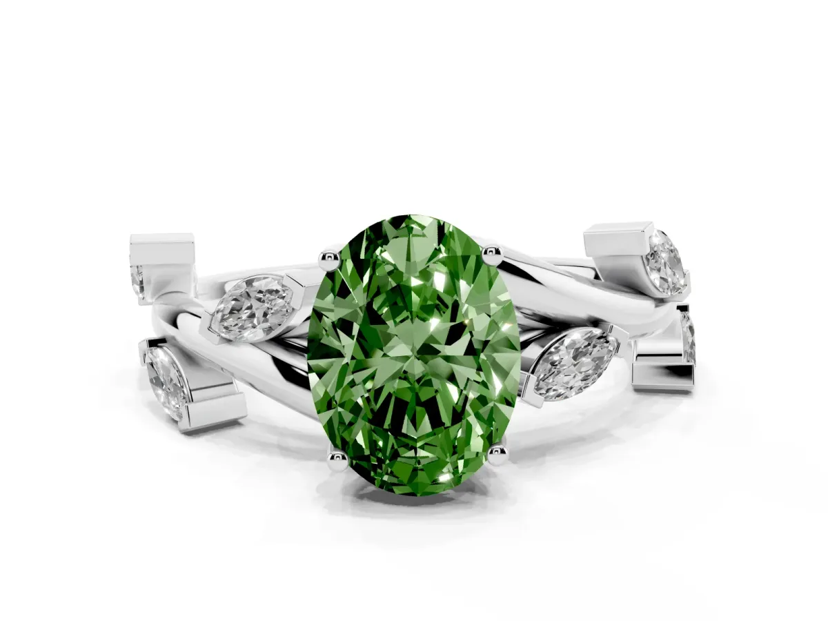 Fancy Green Oval Cut Solitaire Twisted Band Marquise Accent Prong Setting Ring Silver