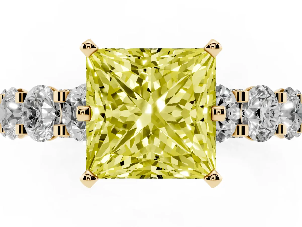 Fancy Yellow Princess Cut Diamond Side Stone Engagement Ring with Four-Prong Setting Yellow gold