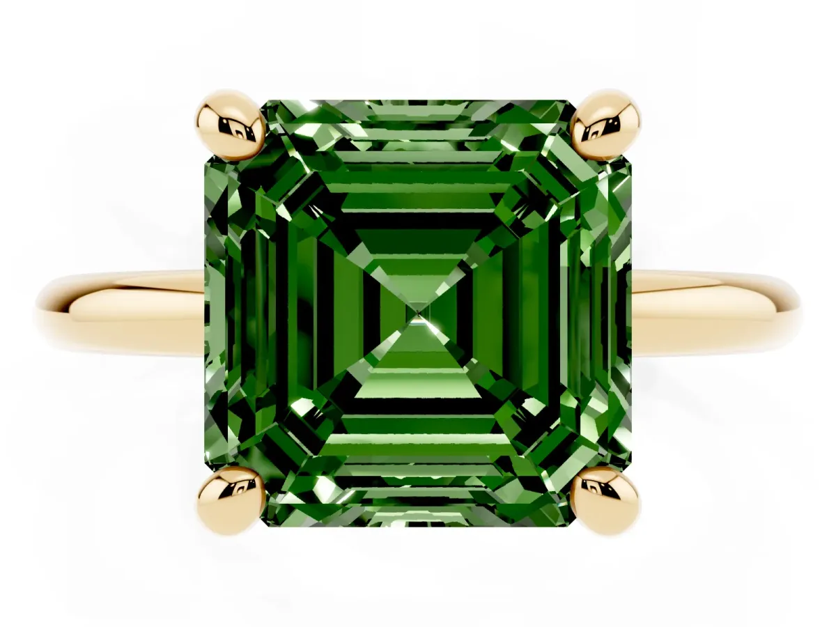 Fancy Green Asscher Cut Solitaire Diamond Ring with Four-Prong Setting on a Plain Band Yellow gold