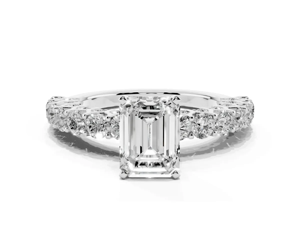 Emerald Cut Diamond Solitaire Ring with Shared Prong Pavé Band and Four-Prong Setting Silver