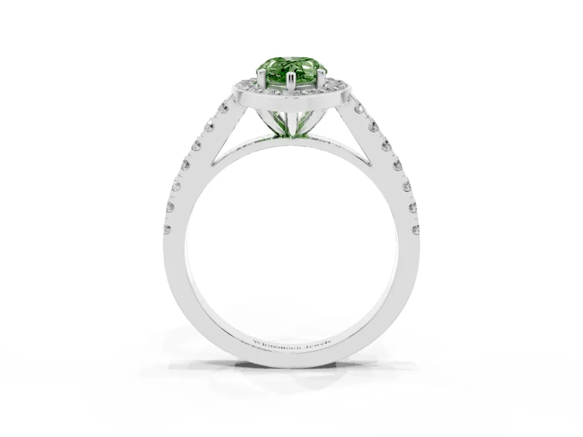 Fancy Green Pear Cut Diamond Halo Ring with Round Pavé Split Shank and Prong Setting Silver