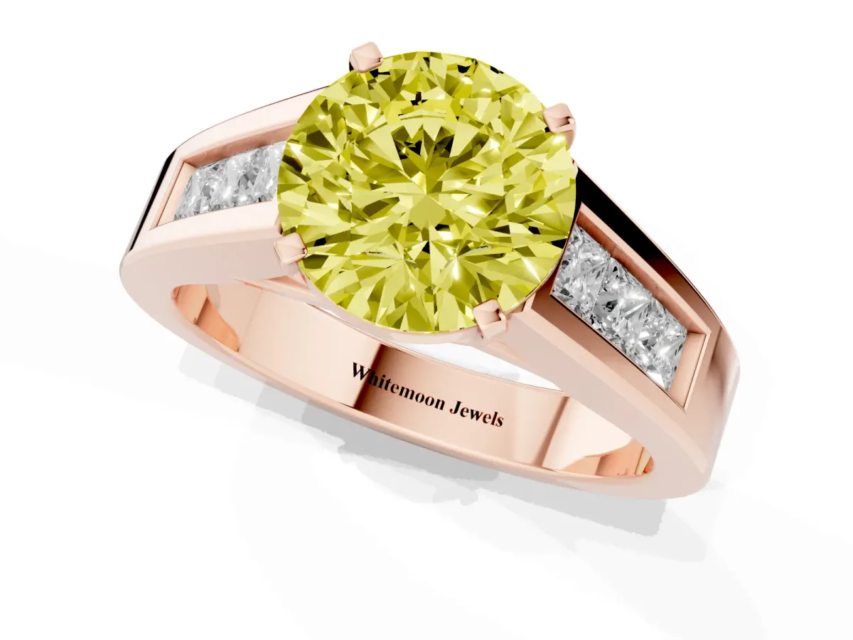 Fancy Yellow Round Cut Cut Channel Set Solitaire Ring with Four-Prong Setting Rose gold