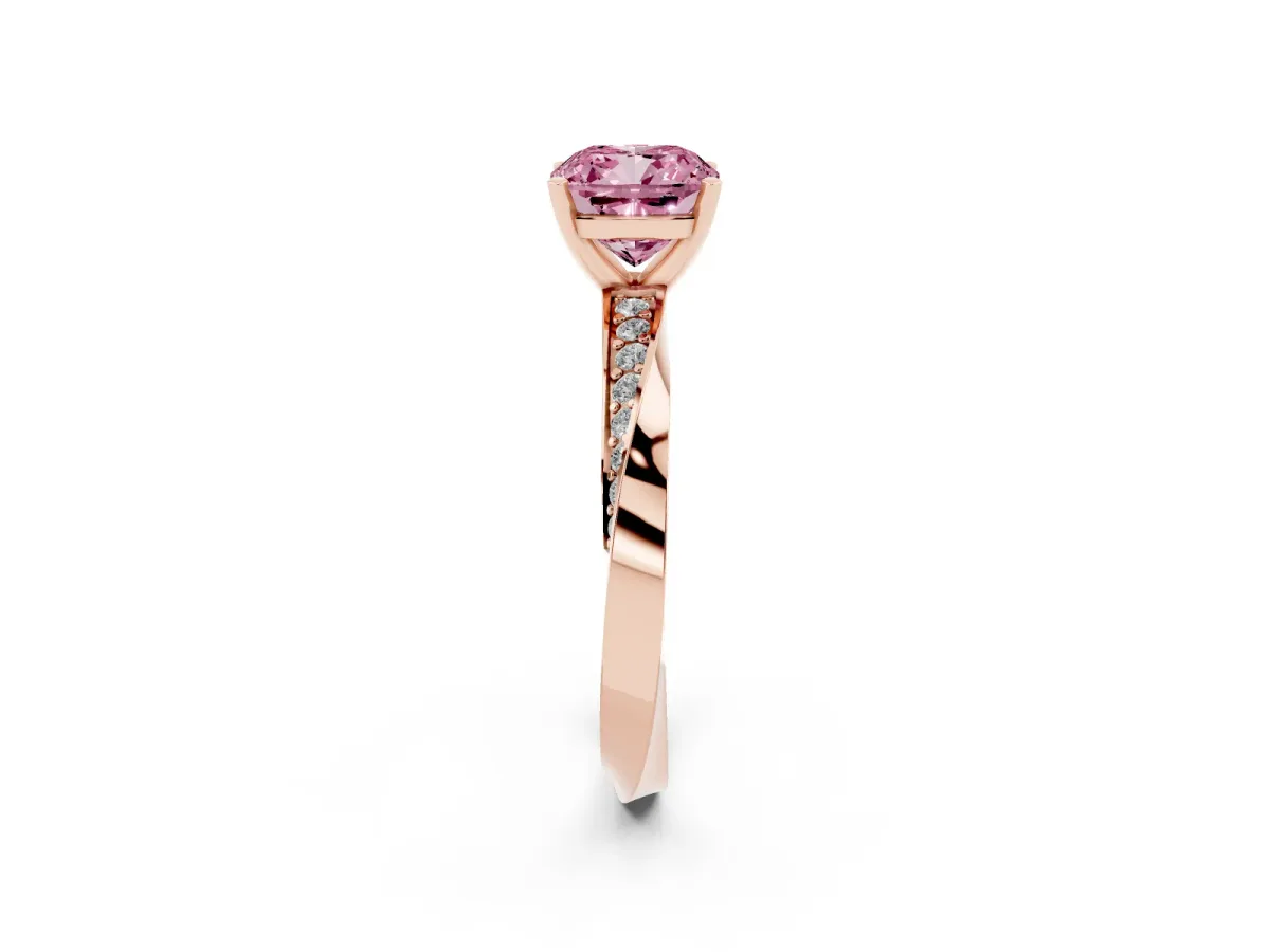 Fancy Pink Cushion Cut Diamond Engagement Ring with Side Stone Accents and Four-Prong Setting Rose gold