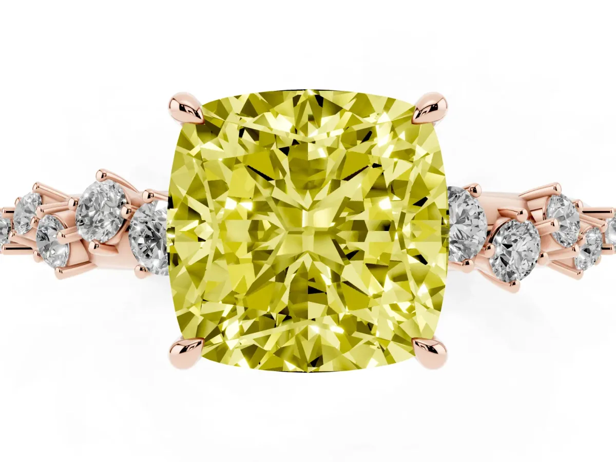 Fancy Yellow Cushion Cut Diamond Cluster Side Stone Solitaire Ring with Prong Setting Rose gold