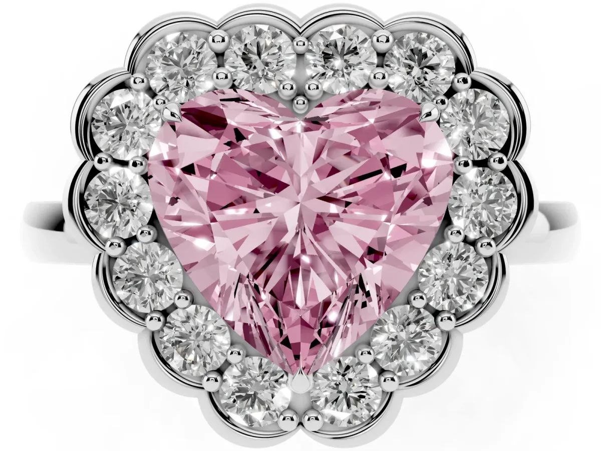 Fancy Pink Heart Cut Halo Cluster Diamond Engagement Ring with Solitaire Band and Prong Setting Platinum