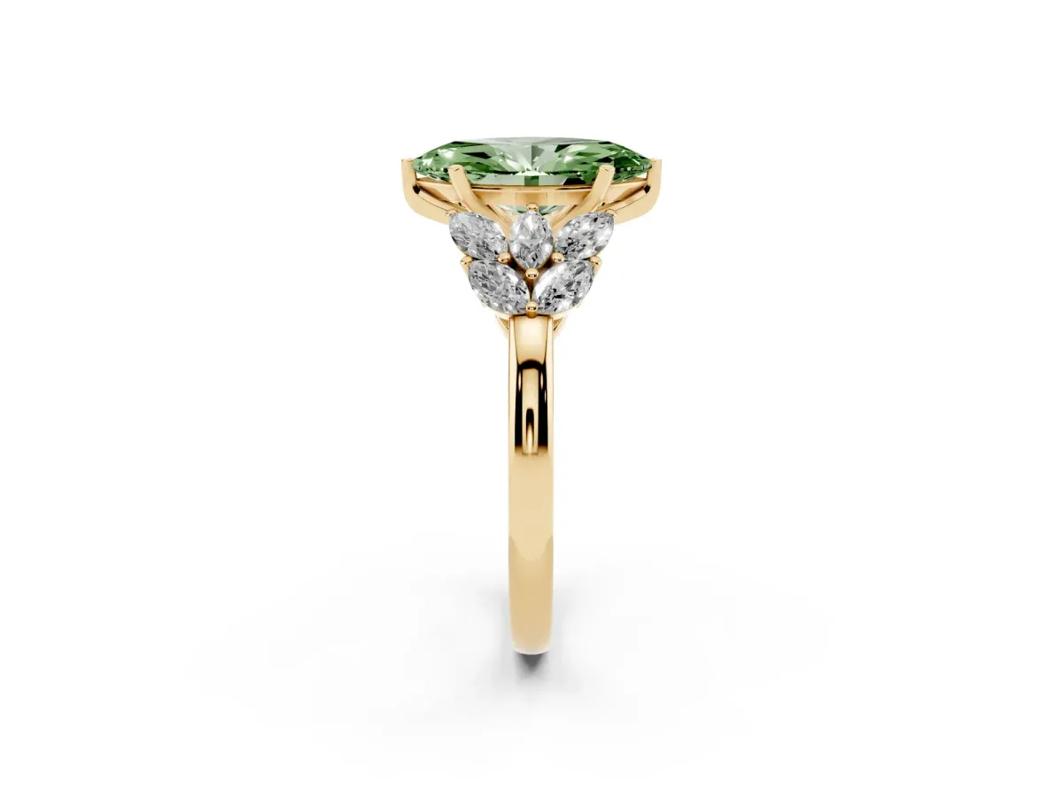 Fancy Green Marquise Cut Diamond Cluster Leaf Design Ring with Prong Setting Yellow gold
