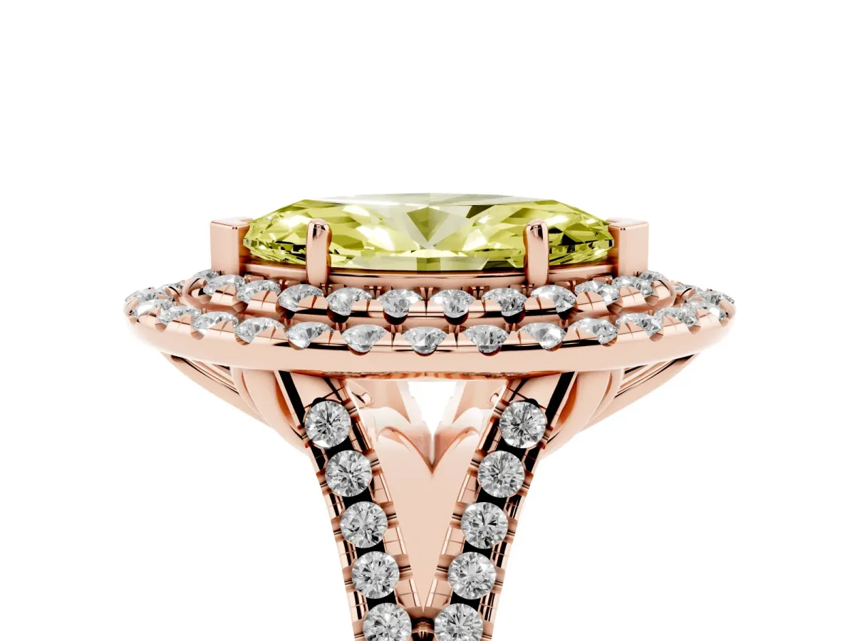 Fancy Yellow Double Halo Marquise Cut Diamond Pavé Split Shank Ring with Prong Setting Rose gold